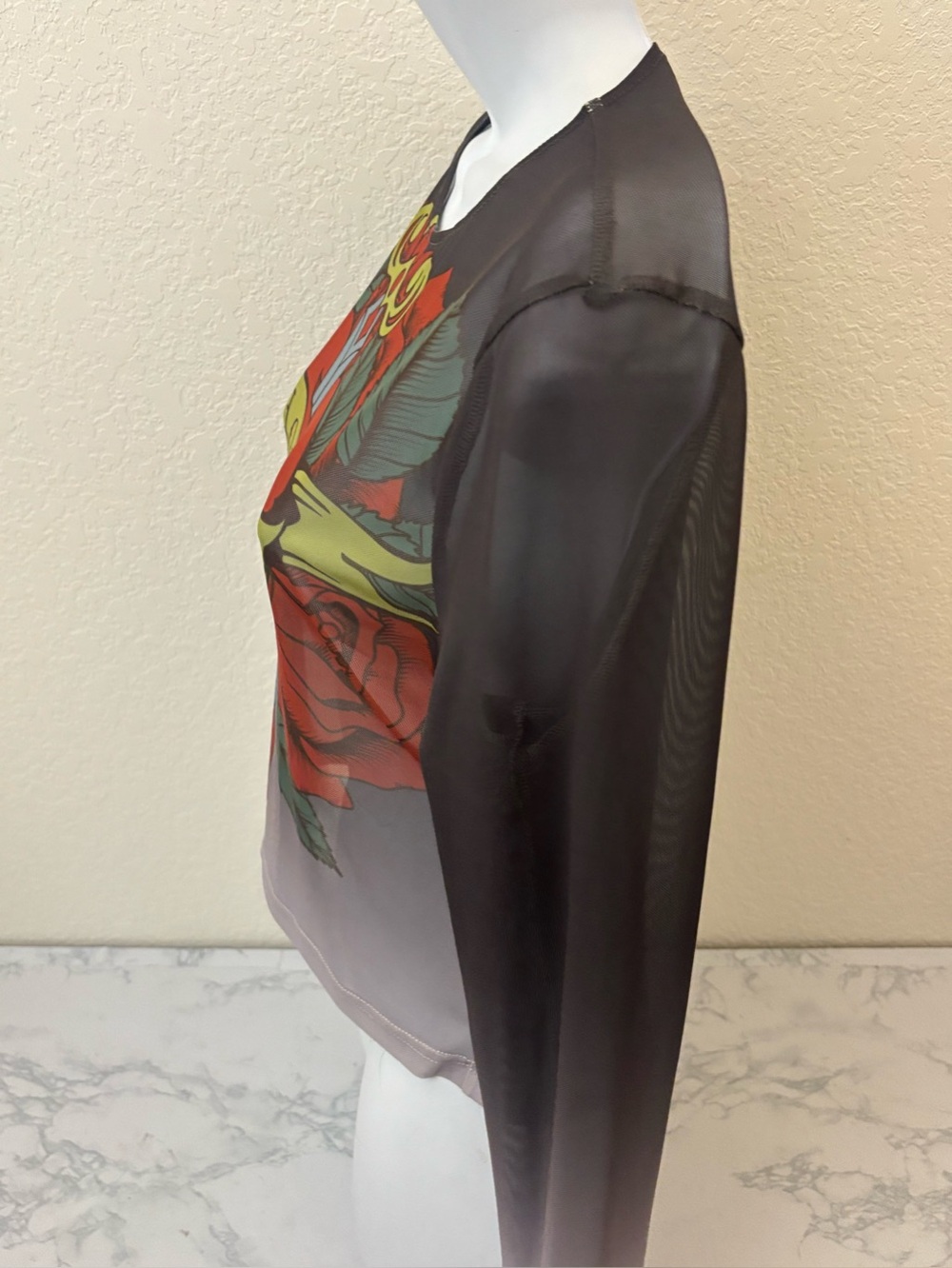 Thirty Single Long Sleeve Semi Sheer Top Women’s L Love Heart Y2K Gray - Picture 4 of 8